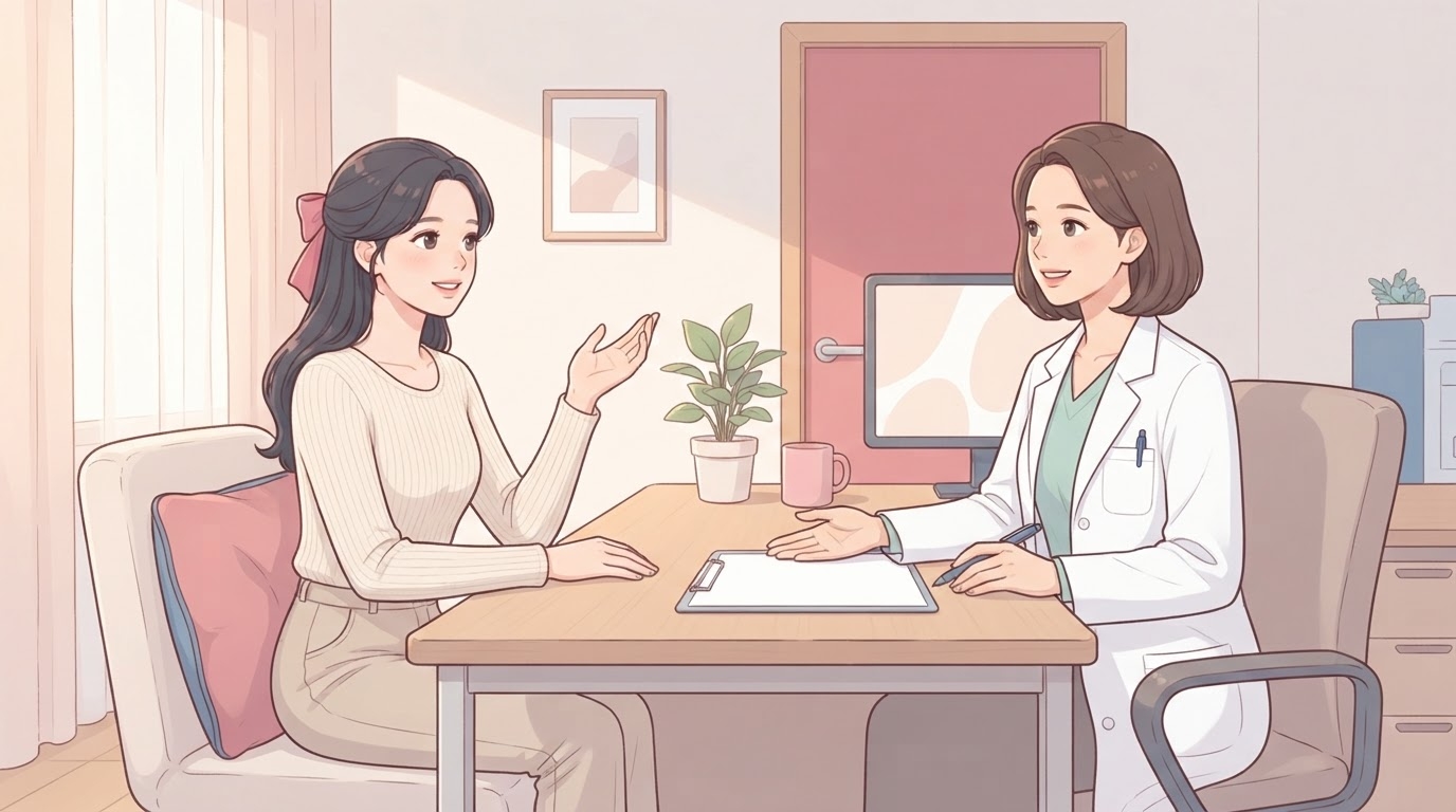 진료실 책상 앞에 앉아 손짓하며 차분하게 질문하는 이십 대 여성과, 맞은편에서 차트에 손을 얹은 채 미소 지으며 이야기를 듣고 있는 흰 가운 차림 여성 의료진을 담은 웹툰 일러스트