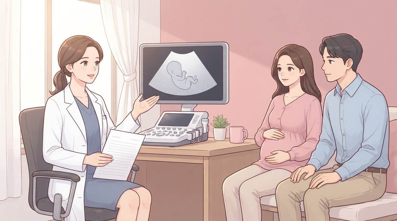 진료실에서 초음파 화면을 손으로 가리키며 유도분만이 필요한 이유를 설명하는 흰 가운 차림의 여성 의료진과, 나란히 앉아 배에 손을 얹고 귀 기울이는 만삭 임산부 부부의 웹툰 일러스트
