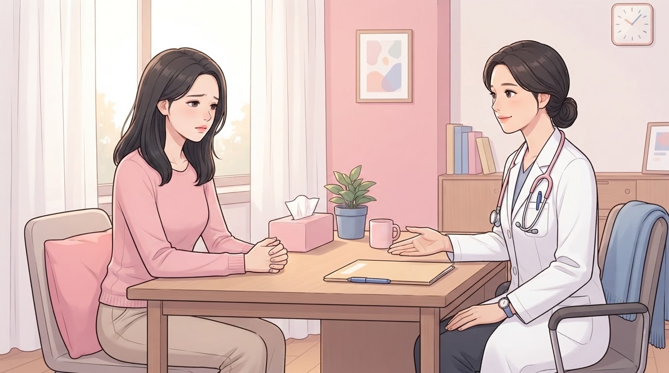 진료실 책상 앞에 두 손을 모으고 앉아 가라앉은 표정으로 이야기하는 분홍 니트 차림의 여성과, 맞은편에서 손을 펼쳐 보이며 따뜻한 표정으로 경청하는 흰 가운 차림 여성 의료진의 웹툰 일러스트
