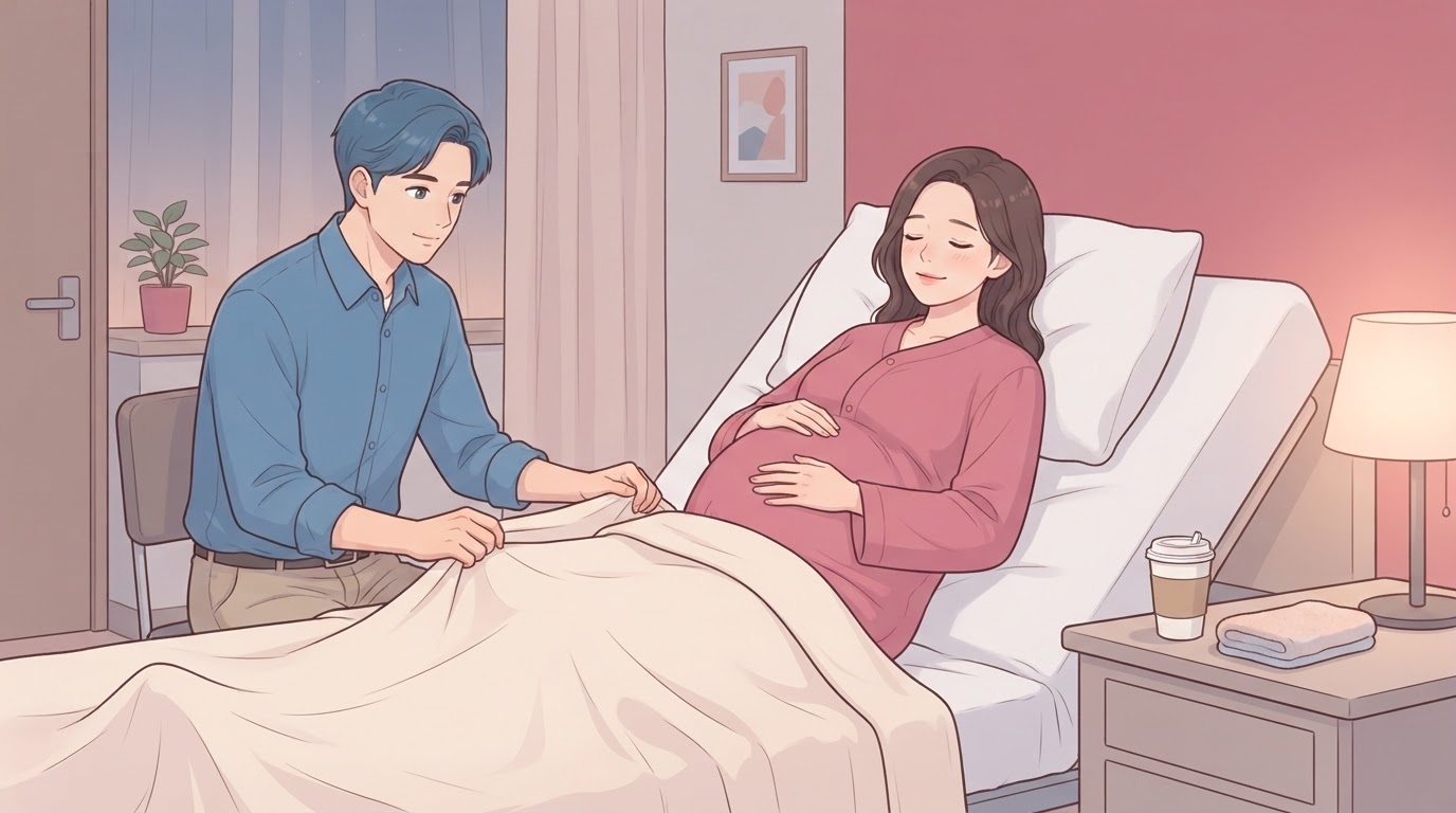 분만 진통실 침대에 기대어 눈을 감고 편안한 표정으로 쉬고 있는 분홍 환자복 차림의 산모와, 침대 옆 의자에 앉아 이불을 조심스럽게 여며 주는 배우자를 함께 담은 웹툰 일러스트