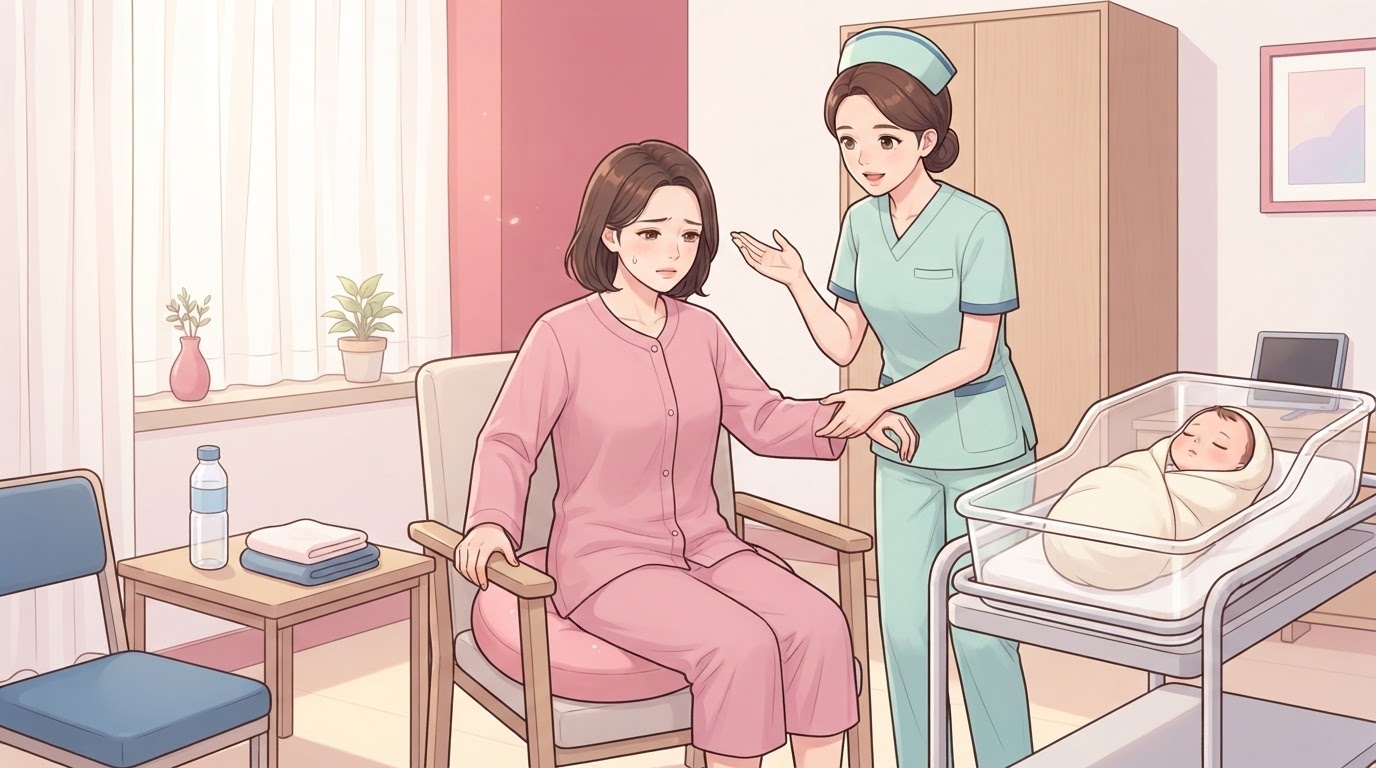 산후 병실에서 분홍색 환자복을 입고 도넛 방석이 놓인 의자에 조심스럽게 앉는 산모와, 팔을 잡아 부축하며 손짓으로 설명하는 민트색 근무복 차림 간호사, 곁의 신생아 침대가 보이는 웹툰 일러스트