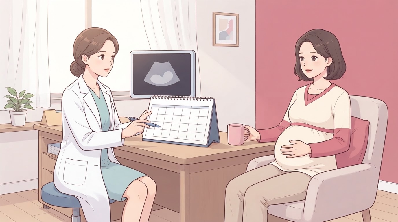 진료실 책상에서 빈 탁상 달력을 펜으로 가리키며 시술 시점을 설명하는 흰 가운 차림의 여성 의료진과, 맞은편 의자에 앉아 배에 손을 얹고 듣고 있는 만삭 임산부를 담은 웹툰 일러스트