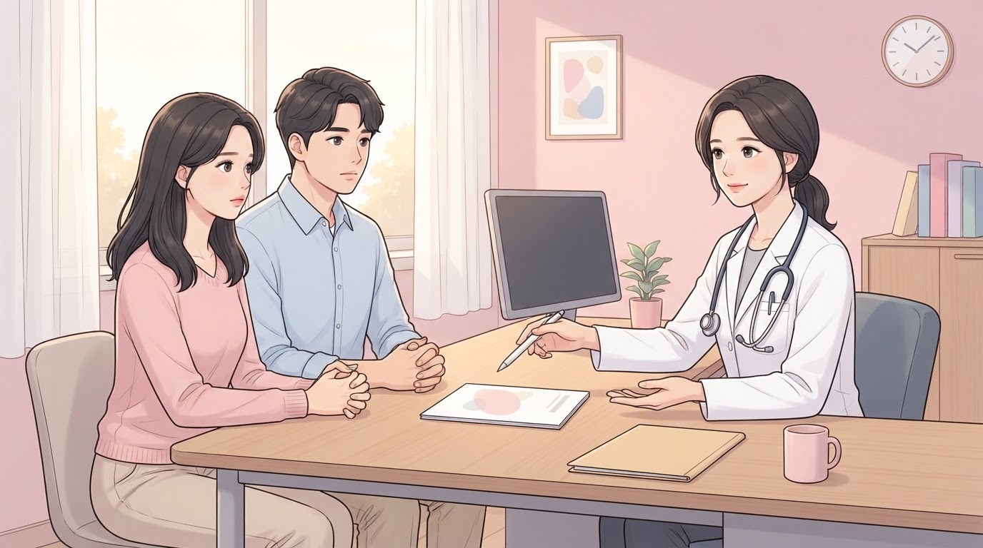 난임 상담실 책상에 놓인 검사 결과지를 펜으로 가리키며 차분히 설명하는 흰 가운 차림 여성 의료진과, 맞은편에 나란히 앉아 두 손을 맞잡은 채 진지하게 듣는 삼십 대 부부의 웹툰 일러스트