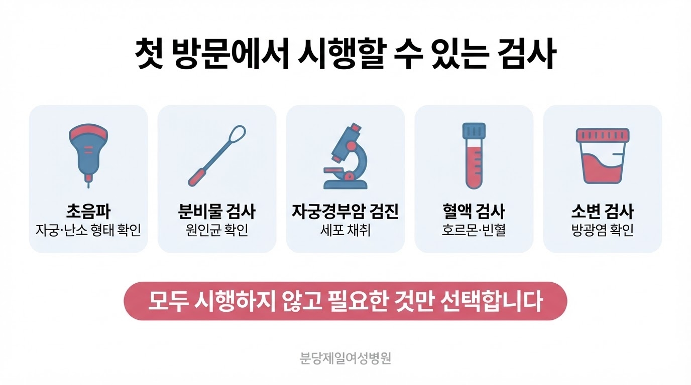 산부인과 첫 방문에서 시행할 수 있는 검사를 초음파, 분비물 검사, 자궁경부암 검진, 혈액 검사, 소변 검사 다섯 개의 아이콘 카드로 나누어 확인 항목과 함께 정리한 한글 인포그래픽