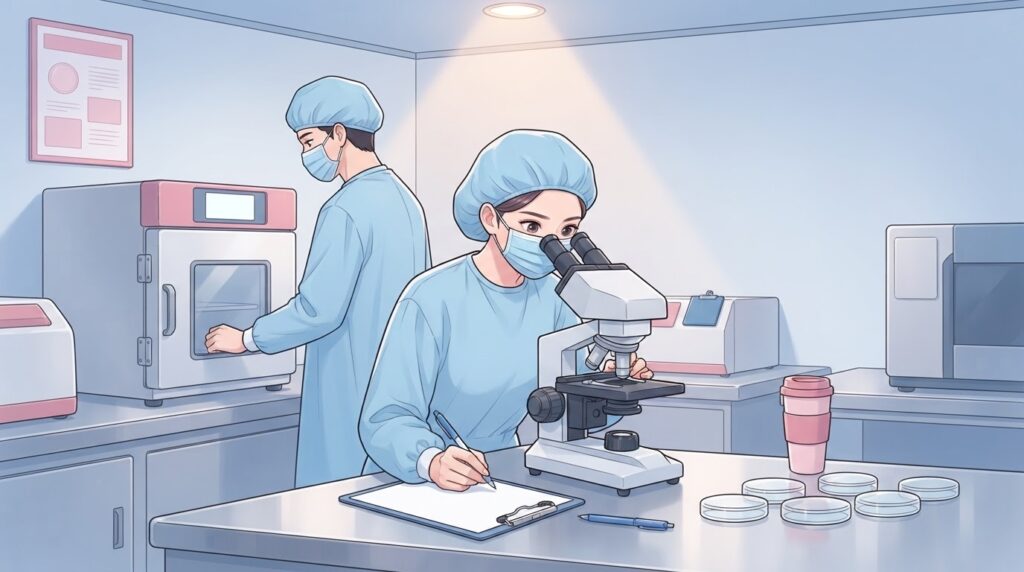 배양실 스테인리스 작업대에서 방진모와 마스크를 착용하고 현미경을 들여다보며 한 손으로 기록지에 적는 여성 연구원과, 뒤편에서 배양기 문을 열어 상태를 확인하는 남성 동료의 웹툰 일러스트