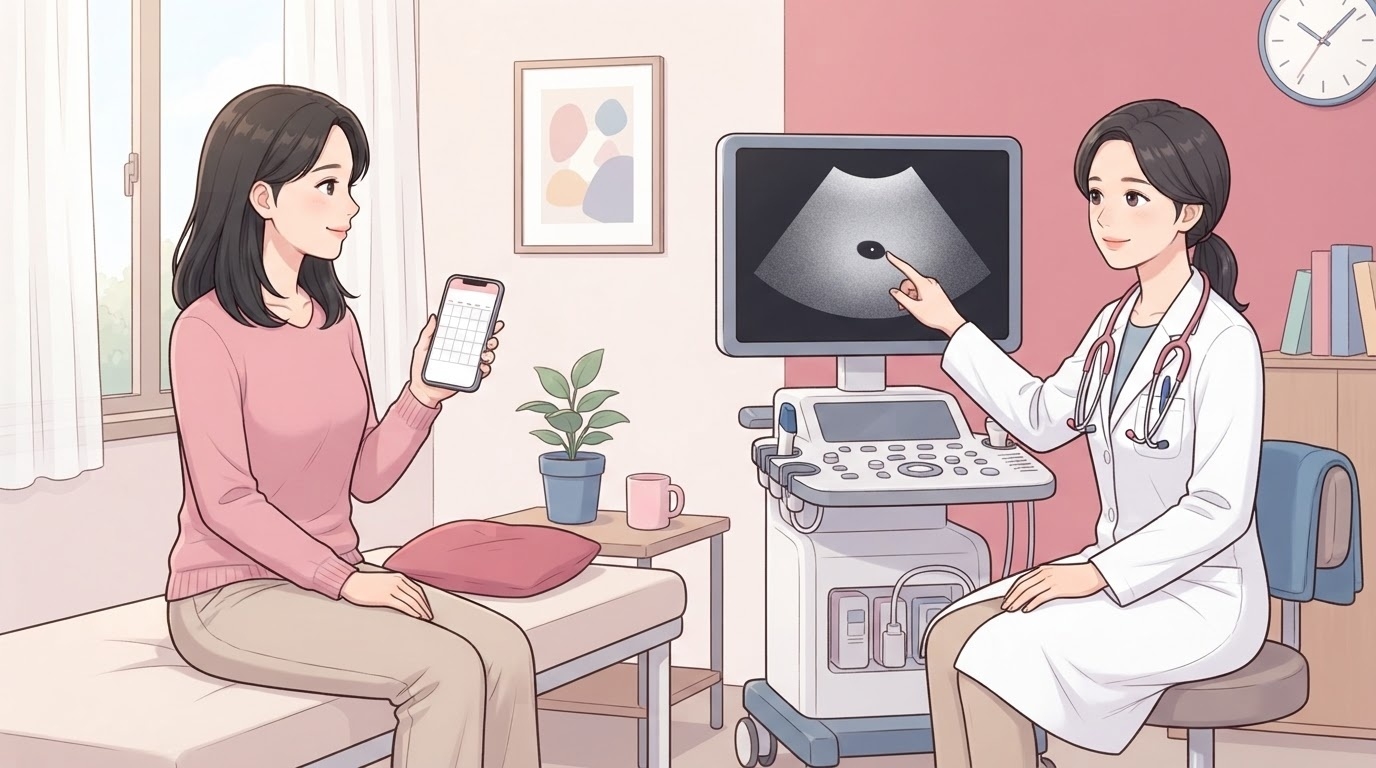 초음파 기기 옆에 앉아 화면 속 작고 어두운 부분을 손가락으로 가리키며 설명하는 흰 가운 차림 여성 의료진과, 진료 침대에 걸터앉아 휴대폰 달력 화면을 들어 보이는 여성의 웹툰 일러스트