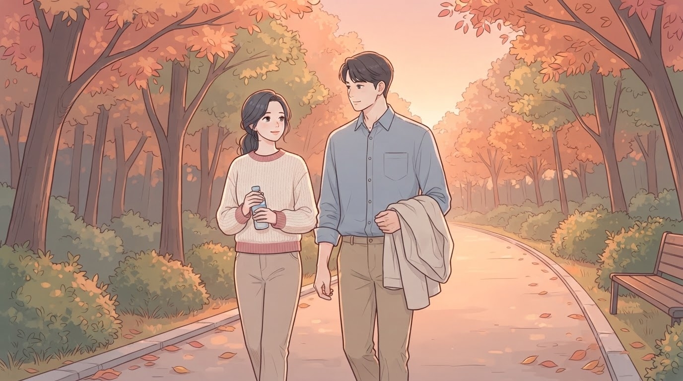 노을빛이 번지는 가을 공원 산책로에서 물병을 손에 들고 걷는 여성과, 겉옷을 팔에 걸친 채 나란히 걸으며 대화를 나누는 남편, 바닥의 낙엽과 나무 벤치가 보이는 웹툰 일러스트