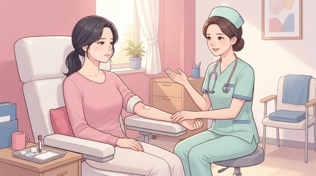 채혈실 의자에 앉아 팔에 밴드를 붙인 채 긴장한 표정을 짓는 분홍 상의 차림의 여성과, 옆 의자에 앉아 팔을 받쳐 주며 손짓으로 안심시키는 민트색 근무복 차림 간호사의 웹툰 일러스트