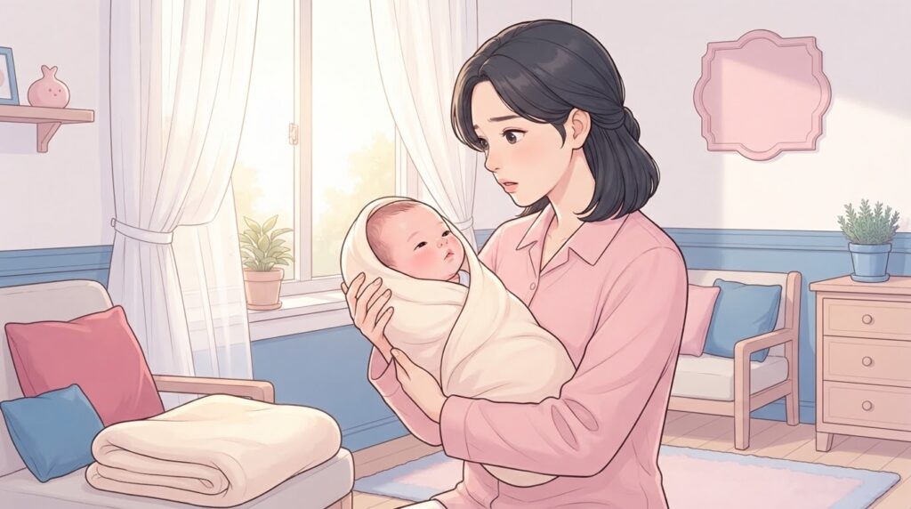 햇살이 드는 아기방에서 산모가 속싸개에 싸인 신생아를 안고 창가 자연광 쪽으로 돌려 아기 얼굴빛을 걱정스러운 표정으로 살펴보는 장면 일러스트