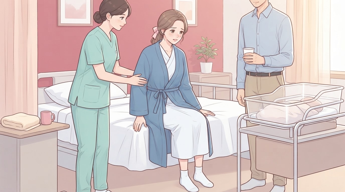 산후 병실 침대에 걸터앉아 조심스럽게 다리를 내리는 산모와, 팔을 받쳐 부축해 주는 민트색 근무복 차림의 간호사, 옆에서 물컵을 든 배우자와 신생아 침대가 보이는 웹툰 일러스트