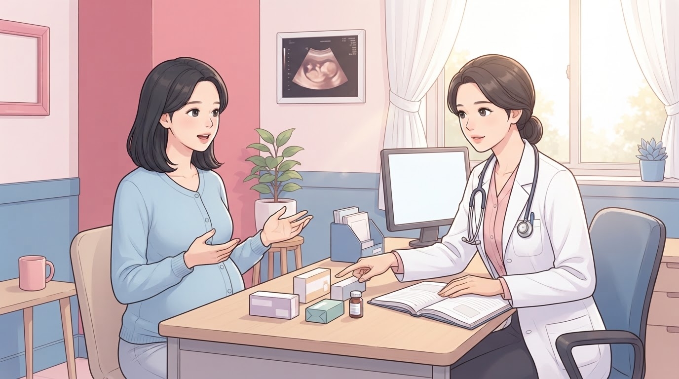 산부인과 진료실에서 임산부가 복용 중인 약통을 보여주며 의료진과 상담하고 의료진이 차트를 확인하는 장면의 웹툰 일러스트