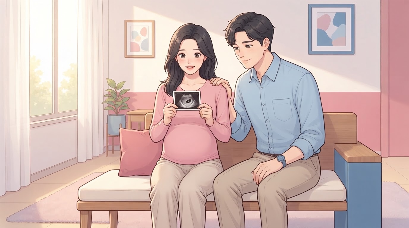 밝은 창가 벤치에 나란히 앉아 흑백 초음파 사진 출력물을 두 손으로 들고 들여다보는 분홍 상의 차림의 여성과, 어깨에 손을 얹고 함께 사진을 바라보며 미소 짓는 배우자의 웹툰 일러스트