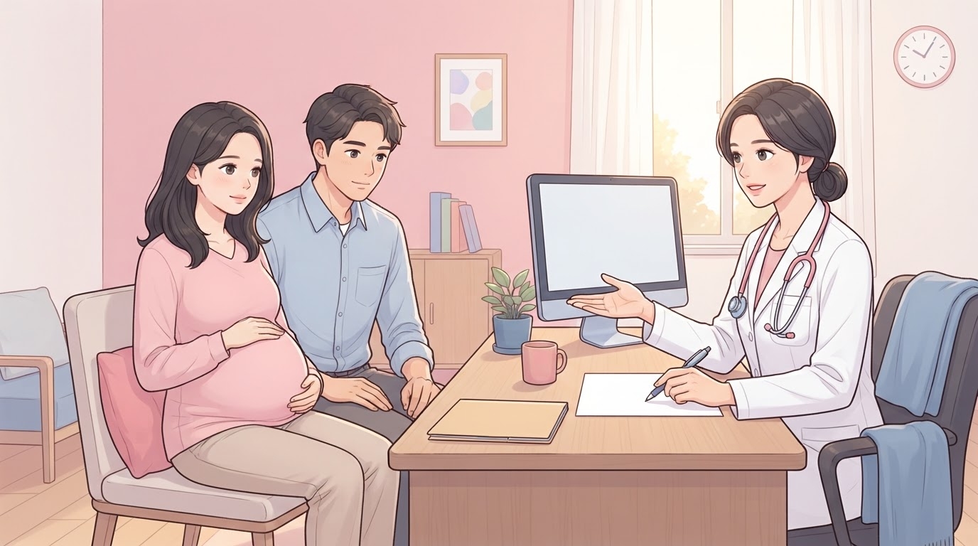 진료실 책상을 사이에 두고 펜을 든 채 종이와 모니터를 가리키며 설명하는 흰 가운 차림의 여성 의료진과, 맞은편에 나란히 앉아 배에 손을 얹고 이야기를 듣는 임산부와 남편의 웹툰 일러스트
