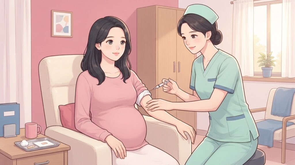 클리닉 처치실 의자에 앉아 왼쪽 소매를 걷고 차분한 표정으로 예방접종을 받는 분홍 상의 차림의 임산부와, 옆에 앉아 위팔에 주사를 놓으며 미소 짓는 민트색 근무복 차림 간호사의 웹툰 일러스트