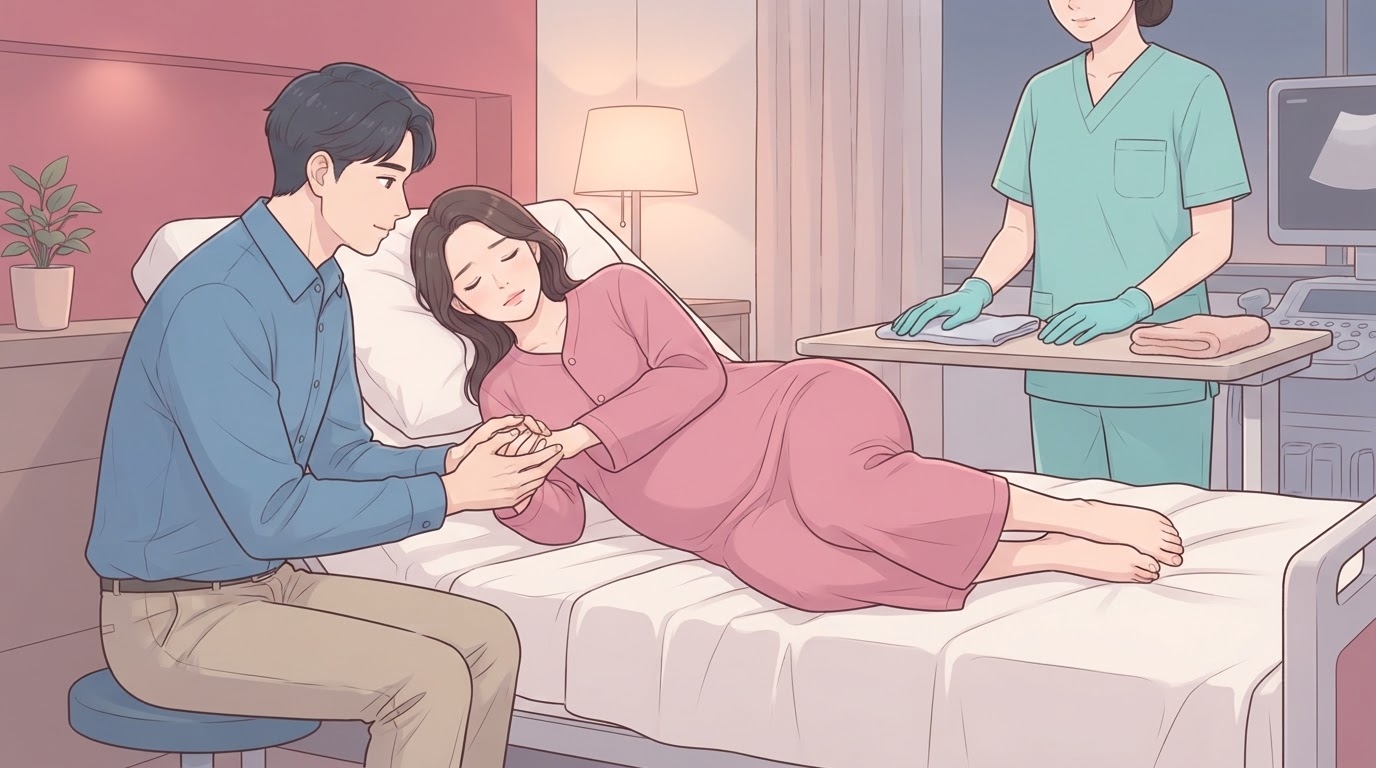 무통분만 시술을 위해 분만실 침대에 옆으로 누워 등을 웅크린 분홍 환자복 차림의 산모와, 마주 앉아 두 손을 잡아 주는 배우자, 뒤편에서 장갑을 끼고 준비하는 의료진의 웹툰 일러스트
