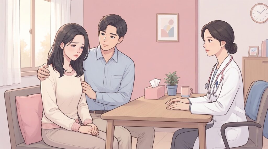 진료실 책상 앞에 고개를 숙인 채 손을 모으고 앉은 여성과, 어깨를 감싸며 곁을 지키는 배우자, 맞은편에서 손을 책상에 올린 채 조용히 설명하는 흰 가운 차림 여성 의료진의 웹툰 일러스트