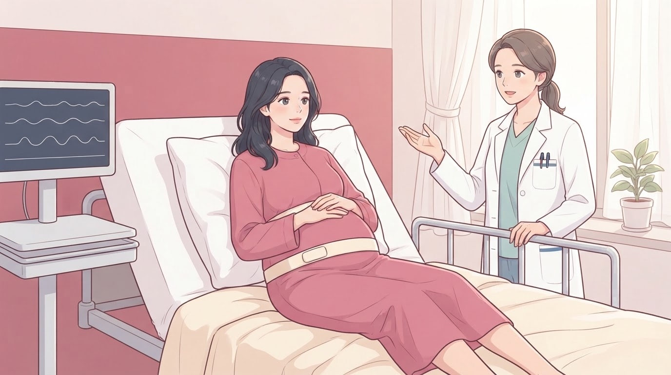 분만 대기실 침대에 기대어 배에 감시 벨트를 두른 만삭 임산부와, 침대 옆에서 손짓하며 진행 계획을 설명하는 흰 가운 차림 여성 의료진, 파형이 표시된 모니터가 보이는 웹툰 일러스트