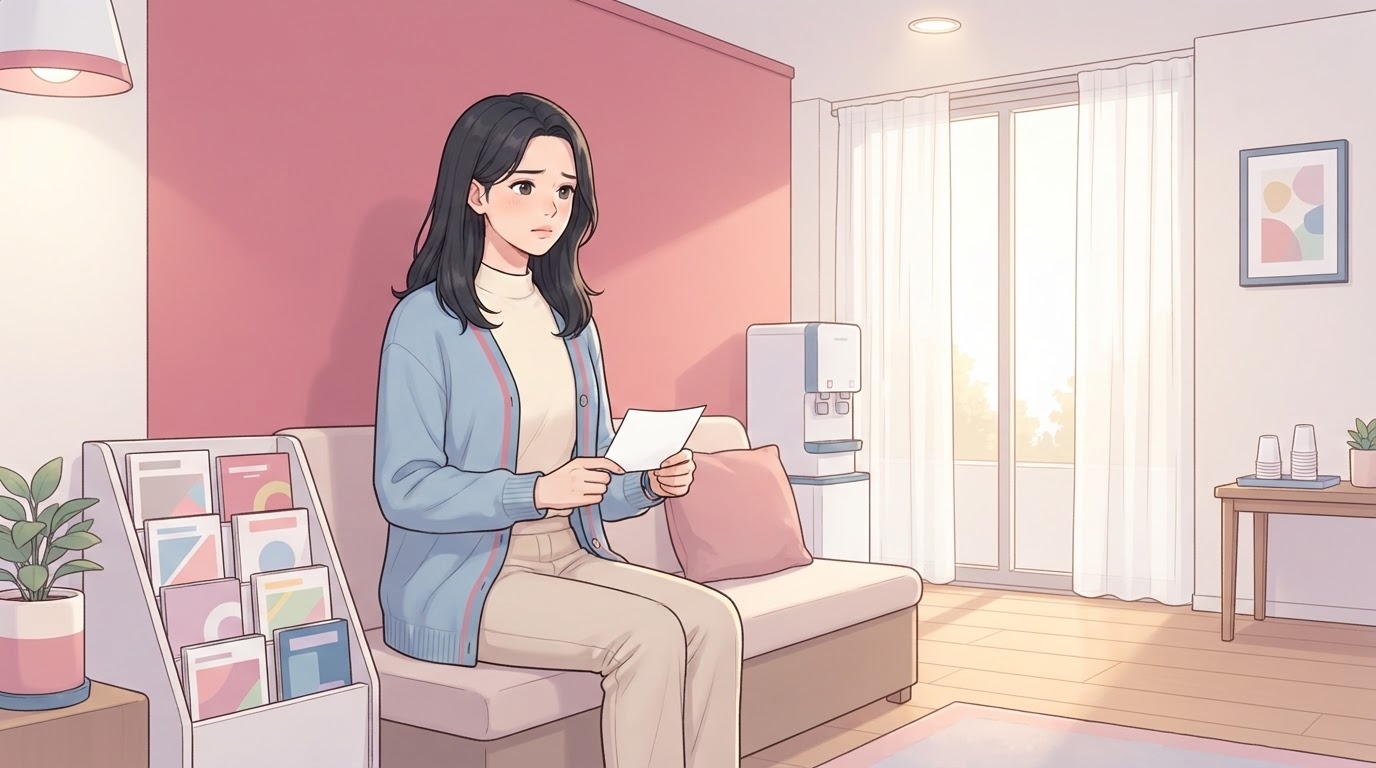 밝은 산부인과 대기실 소파에 앉아 접수 번호표를 두 손으로 쥔 채 긴장한 표정으로 앞을 바라보는 이십 대 여성과, 옆의 잡지 진열대와 창밖으로 드는 햇살이 함께 보이는 웹툰 일러스트