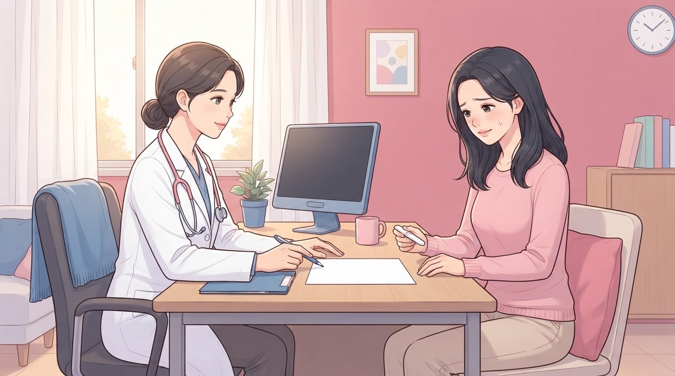 진료실 책상에서 임신 테스트기를 손에 쥐고 걱정스러운 표정으로 앉아 있는 분홍 니트 차림의 여성과, 맞은편에서 펜을 들고 빈 종이에 기록하며 설명하는 흰 가운 차림 여성 의료진의 웹툰 일러스트