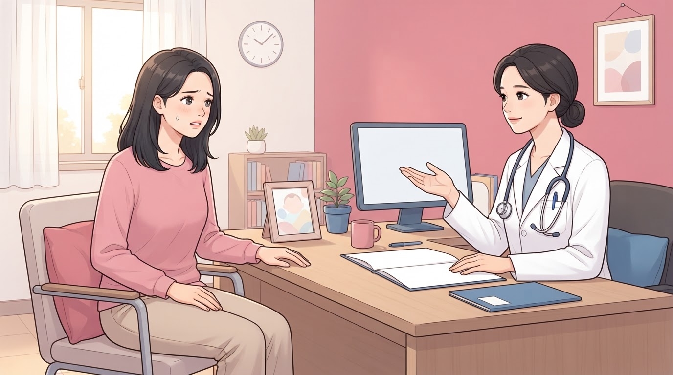 진료실 책상을 사이에 두고 걱정스러운 표정으로 앉아 이야기하는 분홍 상의 차림의 산모와, 펼쳐진 차트에 손을 얹고 다른 손으로 설명하듯 손짓하는 흰 가운 차림 여성 의료진의 웹툰 일러스트