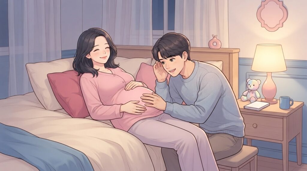 밤 시간 침실 침대에 기대어 배에 두 손을 얹고 미소 지으며 태동을 느끼는 분홍 잠옷 차림의 임산부와, 침대 옆에 앉아 배에 손과 귀를 대고 함께 태동을 확인하는 남편을 담은 웹툰 일러스트