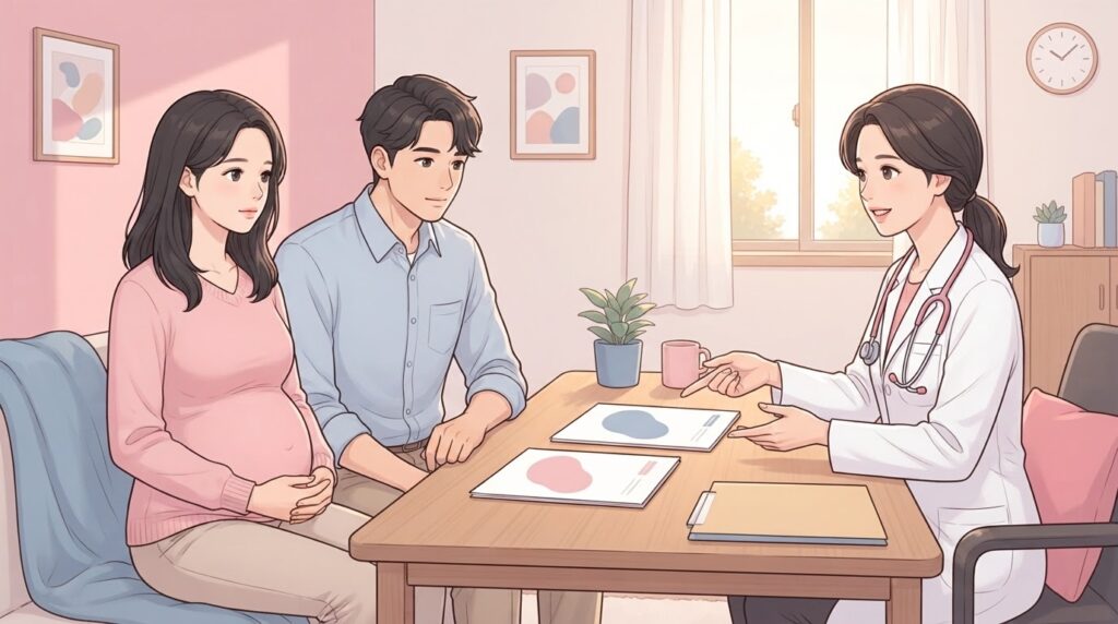진료실 책상 위에 나란히 놓인 두 장의 안내 자료를 손으로 가리키며 비교해 설명하는 흰 가운 차림 여성 의료진과, 맞은편에 나란히 앉아 배에 손을 얹고 듣는 임신부 부부의 웹툰 일러스트