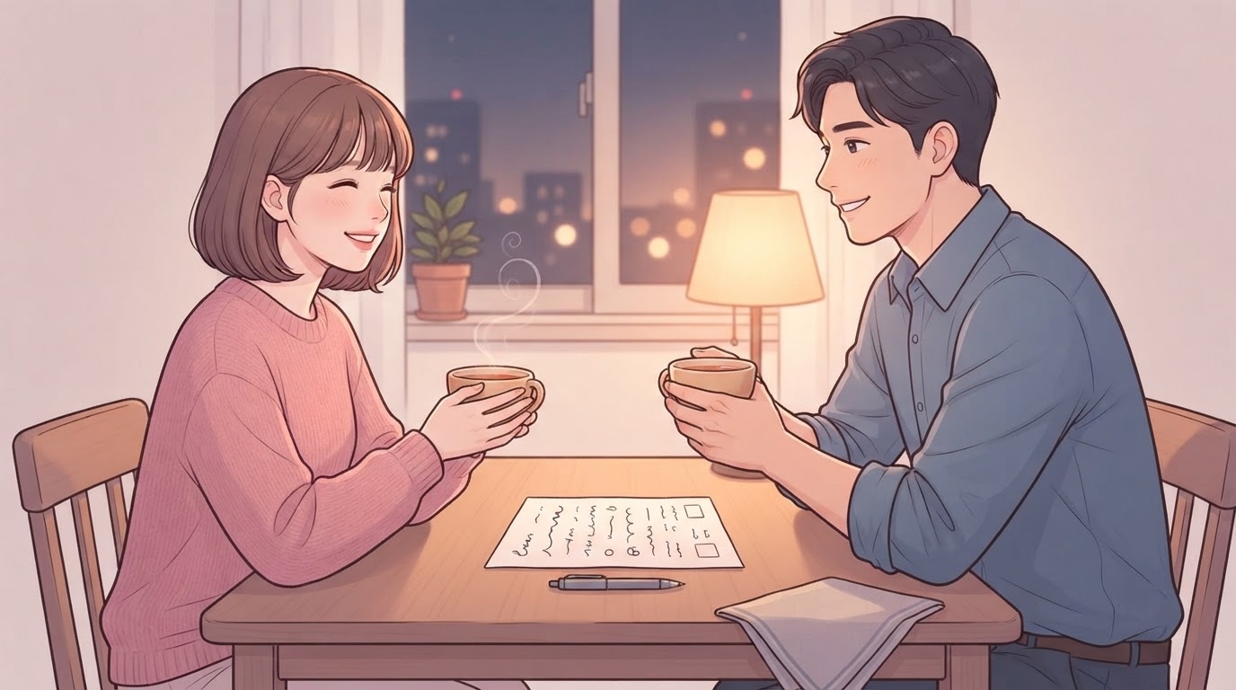 도시 야경이 보이는 창가 식탁에 마주 앉아 따뜻한 차를 들고 웃으며 대화하는 분홍 니트 차림의 단발머리 여성과 파란 셔츠 차림 남편, 식탁 위에 계획을 적은 메모와 펜이 놓인 웹툰 일러스트