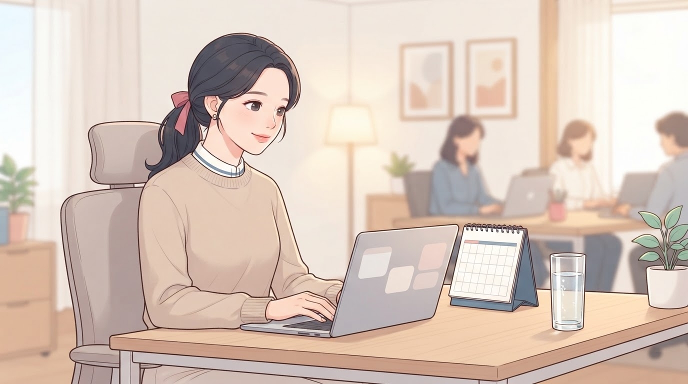밝은 사무실 책상 앞에 앉아 노트북으로 평소처럼 업무를 보며 옅게 미소 짓는 베이지 니트 차림의 여성과, 책상 위 탁상 달력과 물컵, 뒤편에서 일하는 동료들이 흐릿하게 보이는 웹툰 일러스트
