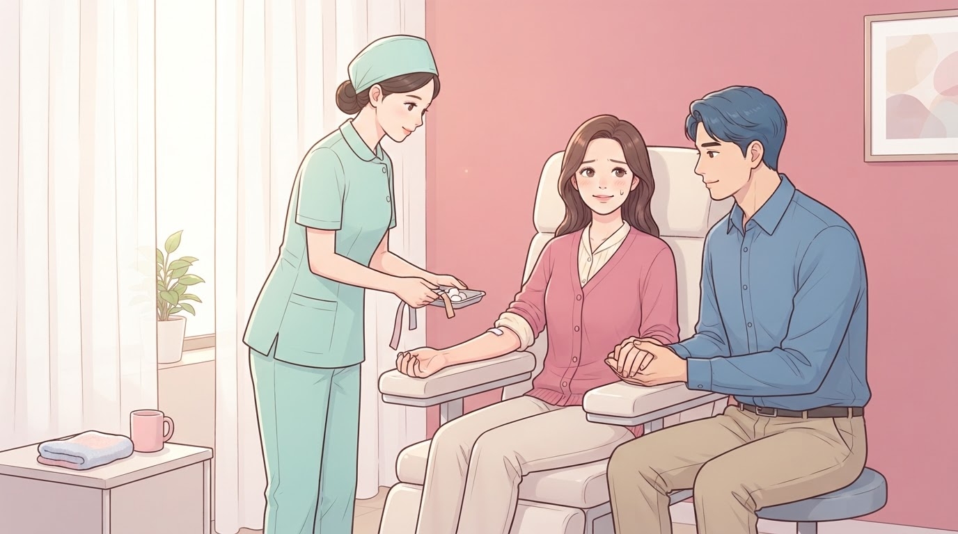 밝은 채혈실 의자에 앉아 팔에 지혈 밴드를 붙인 채 긴장한 미소를 짓는 분홍 가디건 차림의 여성과, 옆에서 손을 잡아 주는 남편, 트레이를 든 민트색 근무복 간호사의 웹툰 일러스트