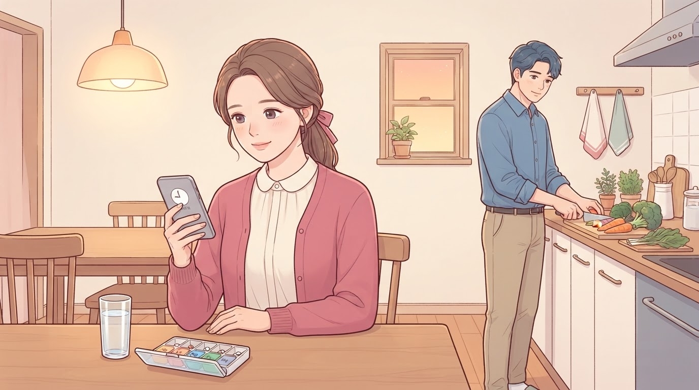 저녁 주방 식탁에 약 정리함과 물컵을 두고 휴대폰으로 알람을 확인하는 분홍 가디건 차림의 여성과, 뒤편 조리대에서 당근과 채소를 손질하며 저녁 식사를 준비하는 남편의 웹툰 일러스트
