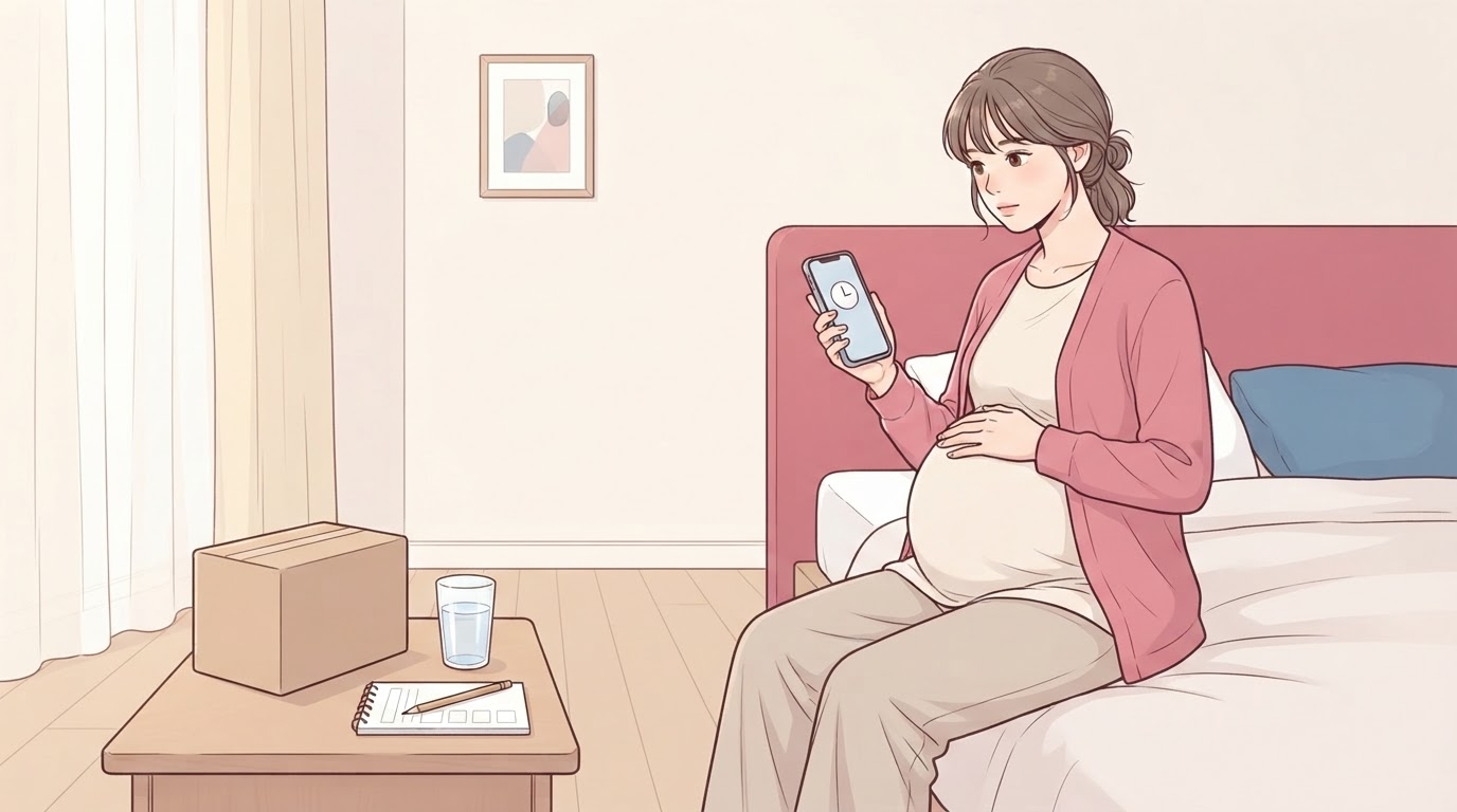 밝은 침실 침대 가장자리에 앉아 한 손으로 배를 감싼 채 휴대폰 시계 화면을 바라보는 분홍 가디건 차림의 만삭 임산부와, 옆 협탁에 놓인 상자와 물컵, 메모장과 연필을 담은 웹툰 일러스트