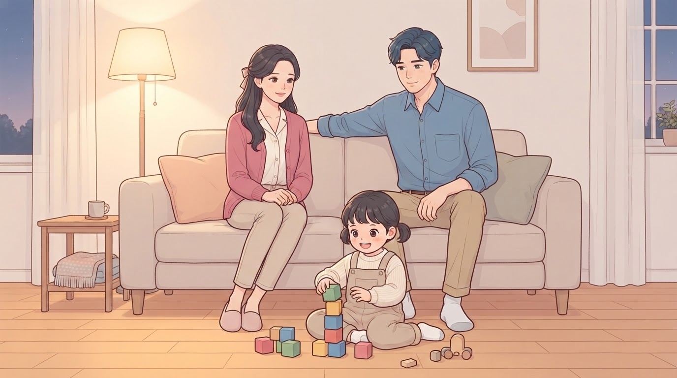 저녁 거실 바닥에서 블록을 쌓으며 웃는 어린 딸과, 뒤편 소파에 나란히 앉아 아이를 바라보는 분홍 가디건 차림의 여성과 파란 셔츠 차림 남편, 은은한 스탠드 조명이 보이는 웹툰 일러스트