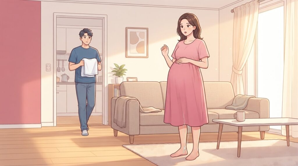 아침 햇살이 드는 거실 소파 앞에 서서 한 손으로 만삭의 배를 감싸고 놀란 표정을 짓는 분홍 원피스 차림의 임산부와, 부엌 쪽에서 흰 수건을 들고 다가오는 남편을 담은 웹툰 일러스트