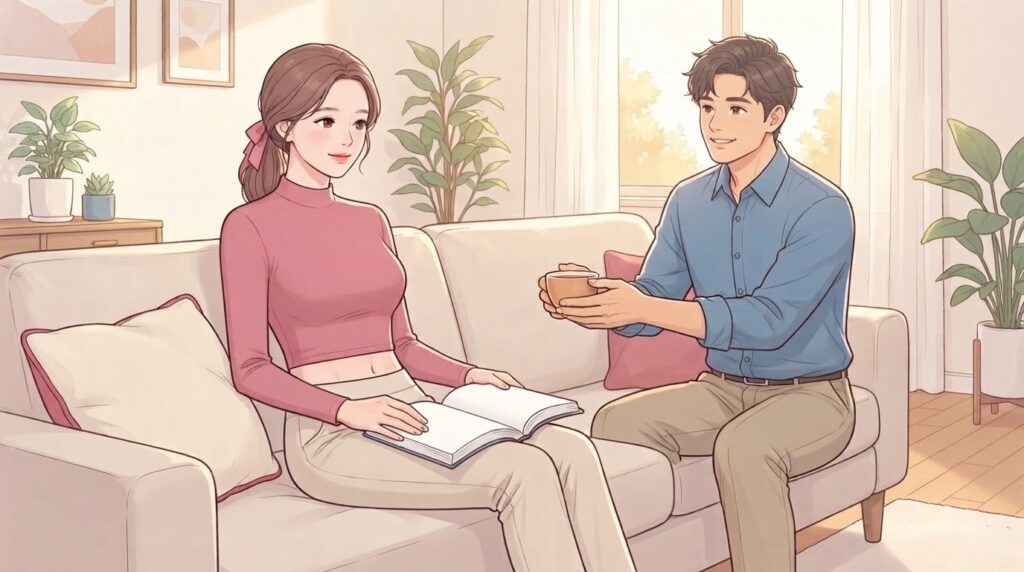 햇살이 드는 밝은 거실 소파에 쿠션을 두고 앉아 무릎 위에 책을 펼친 채 편안한 표정으로 쉬는 분홍 니트 차림의 여성과, 옆자리에 앉아 따뜻한 차를 건네는 남편을 담은 웹툰 일러스트