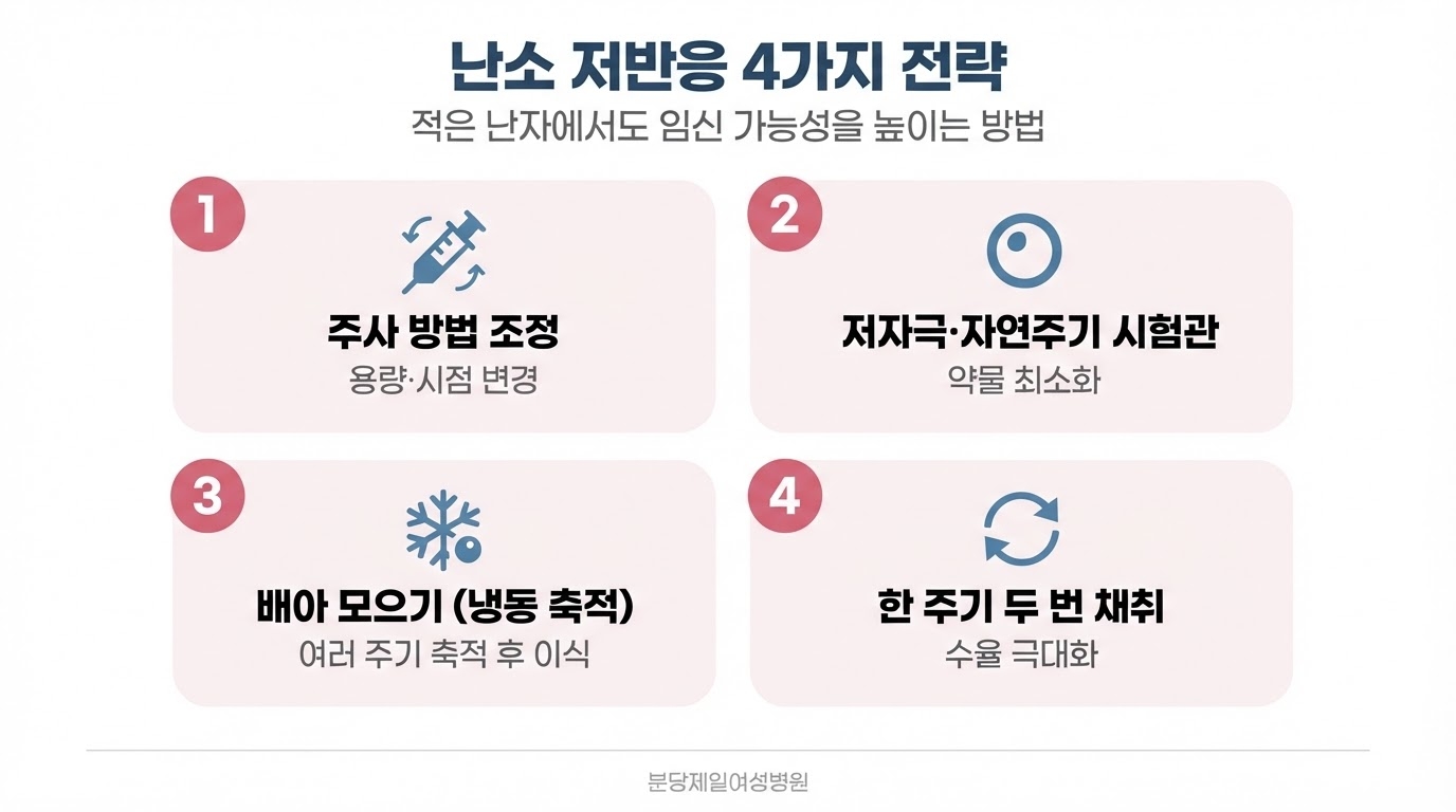 난소 저반응 전략을 주사 방법 조정, 저자극·자연주기 시험관, 배아 모으기 냉동 축적, 한 주기 두 번 채취 네 개의 번호 카드와 아이콘으로 나누어 각 전략의 특징과 함께 정리한 한글 인포그래픽