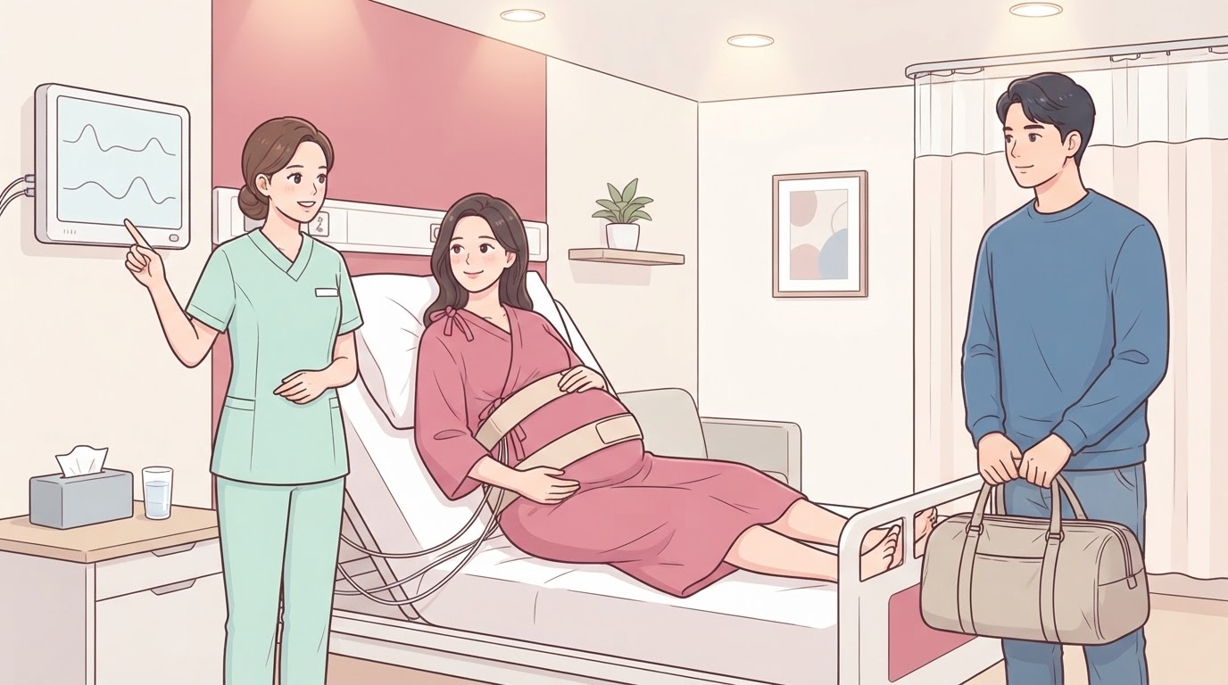 분만실 침대에 기대어 배에 감시 벨트를 두른 분홍 환자복 차림의 만삭 임산부와, 모니터 파형을 가리키며 설명하는 민트색 근무복 간호사, 출산가방을 들고 선 남편을 담은 웹툰 일러스트