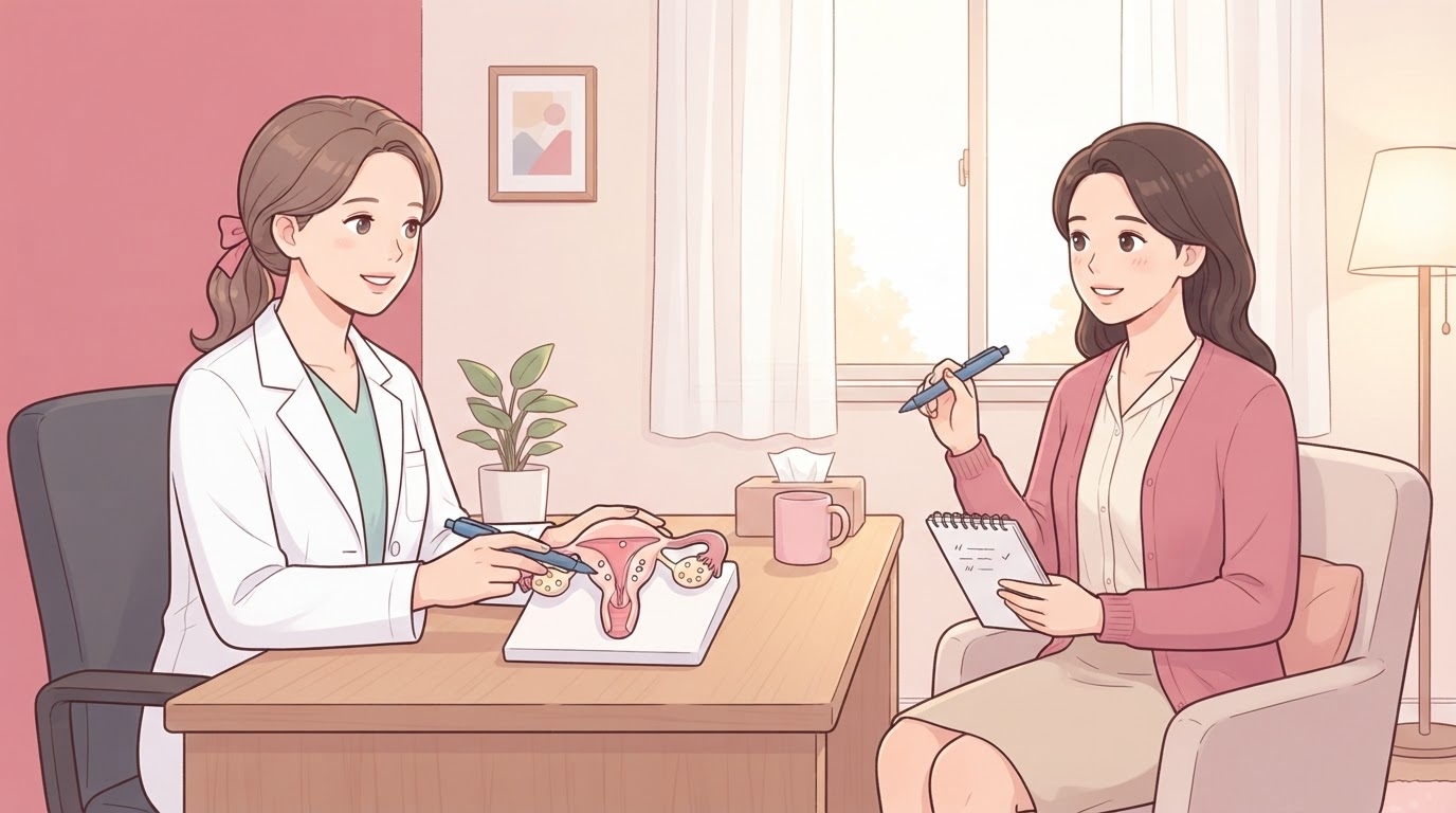 진료실 책상 위 자궁과 난소 모형을 펜으로 가리키며 시술 과정을 설명하는 흰 가운 차림의 여성 의료진과, 맞은편 의자에 앉아 메모장을 들고 미소 지으며 듣는 분홍 가디건 차림 여성의 웹툰 일러스트