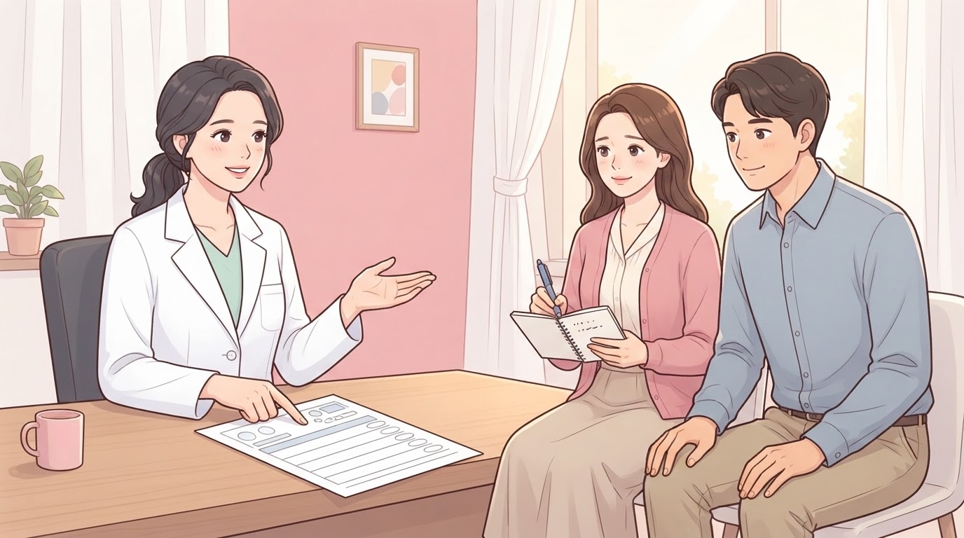 진료실 책상 위 결과지를 손가락으로 가리키며 다음 일정을 설명하는 흰 가운 차림의 여성 의료진과, 맞은편에 나란히 앉아 수첩에 메모하는 분홍 가디건 차림 여성과 남편의 웹툰 일러스트