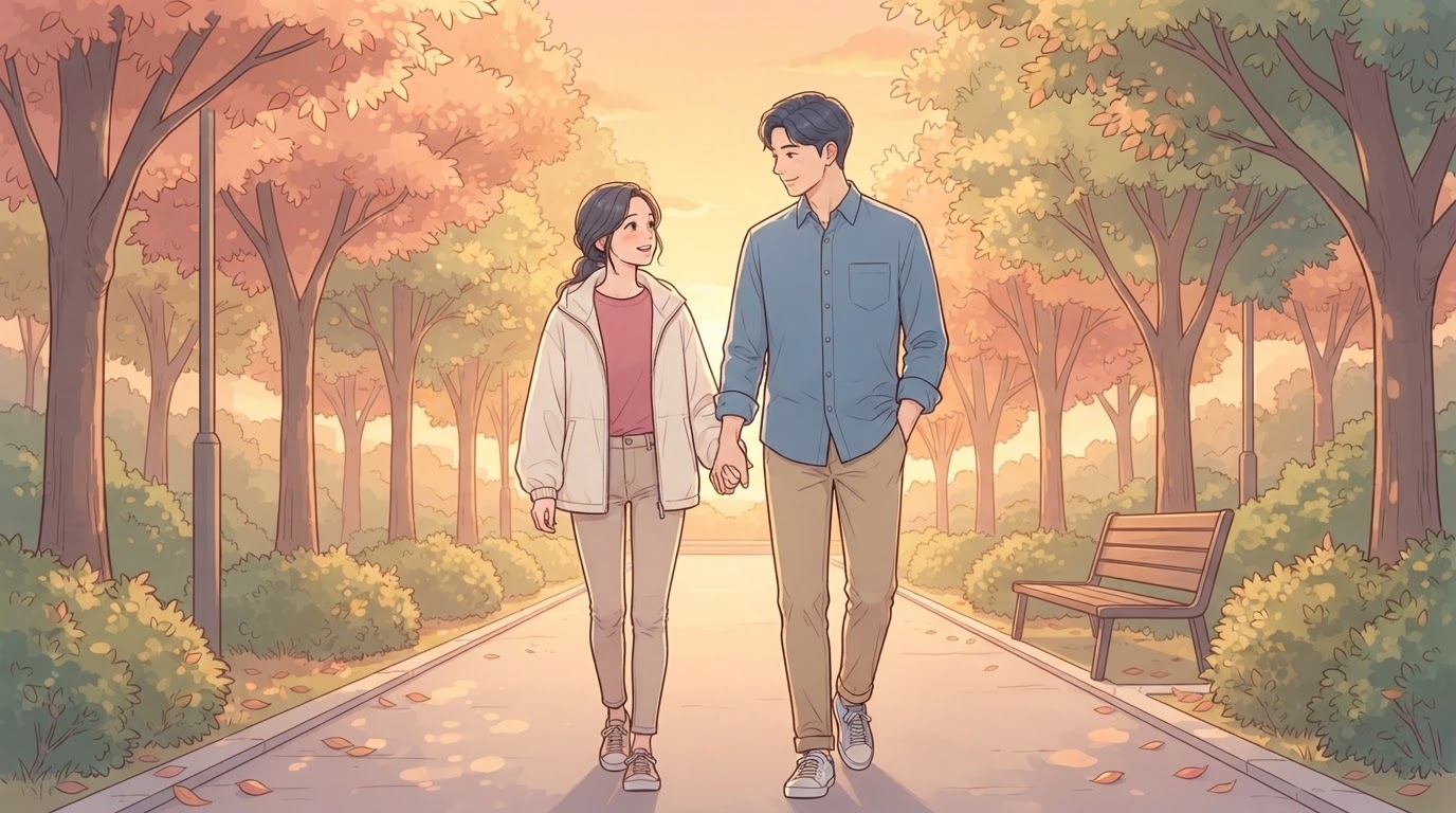 노을빛이 번지는 가을 단풍 공원 산책로에서 흰 점퍼를 걸친 여성과 파란 셔츠 차림의 남편이 손을 잡고 서로를 바라보며 천천히 걸어가고, 길가에 낙엽과 나무 벤치가 보이는 웹툰 일러스트