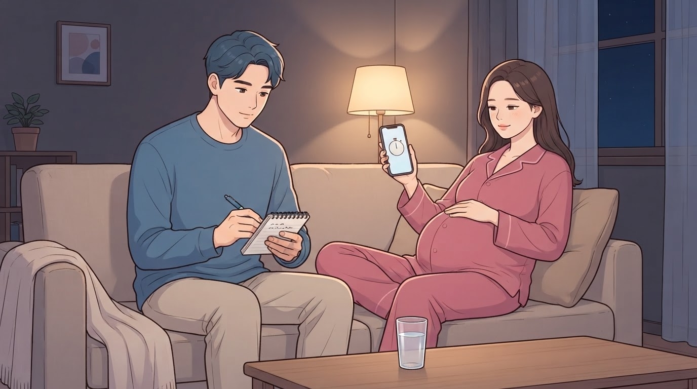 늦은 밤 스탠드 조명만 켜진 어두운 거실 소파에 앉아 휴대폰 스톱워치를 보며 배에 손을 얹은 분홍 잠옷 차림의 만삭 임산부와, 옆에서 수첩에 시간을 적는 남편을 담은 웹툰 일러스트