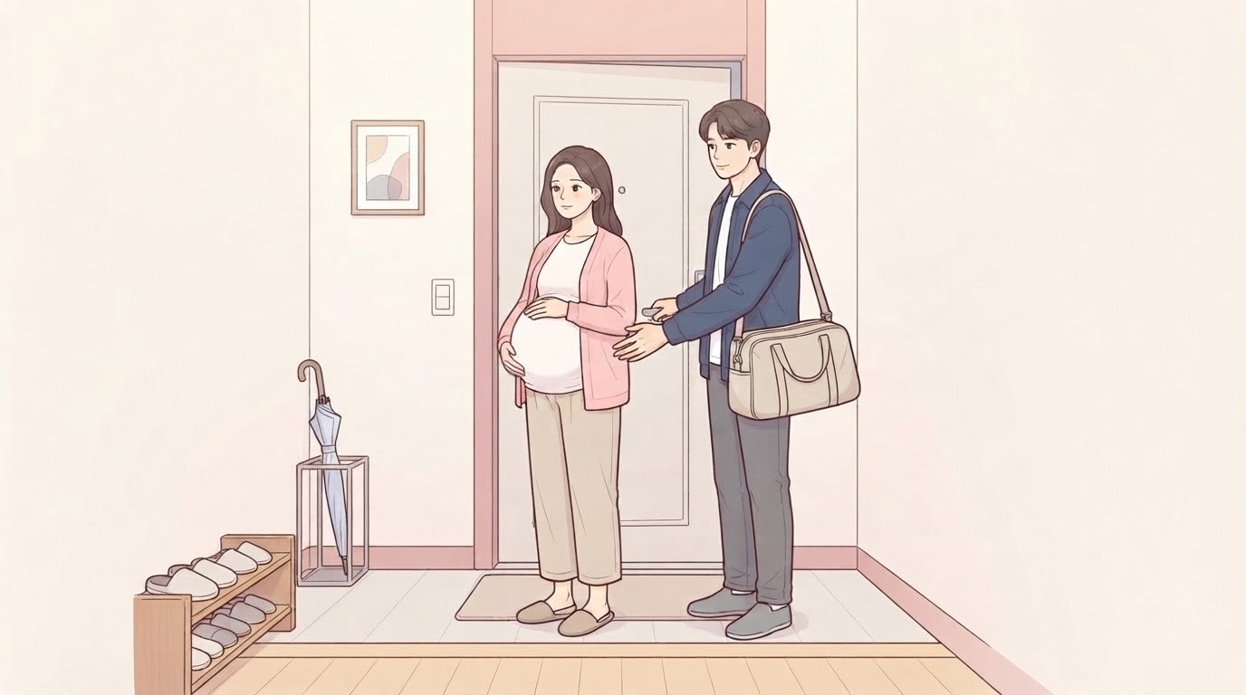 현관문 앞에 나란히 서서 한 손으로 만삭의 배를 감싼 분홍 가디건 차림의 임산부와, 출산가방을 어깨에 메고 아내의 등을 받쳐 주는 남편, 옆에 신발장과 우산꽂이가 보이는 웹툰 일러스트