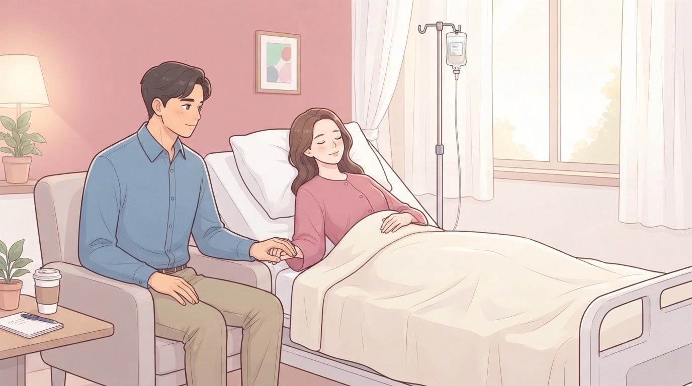 난자 채취 후 회복실 침대에 이불을 덮고 눈을 감은 채 편안히 쉬는 분홍 상의 차림의 여성과, 옆 의자에 앉아 손을 잡아 주는 남편, 옆에 수액 거치대와 커피잔이 보이는 웹툰 일러스트